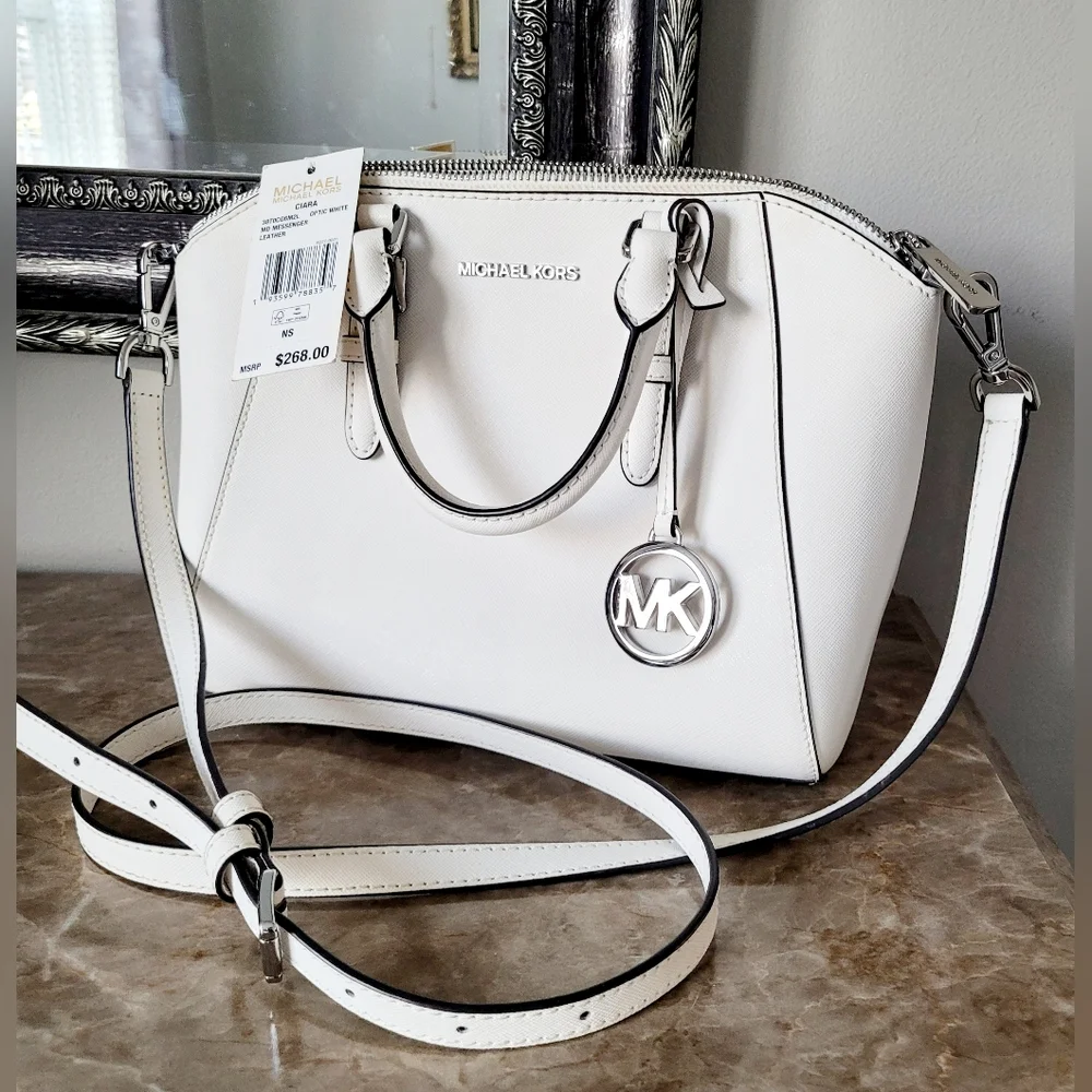 Michael Kors Ciara Optic White Crossbody/Satchel Silver Logo Medium 11